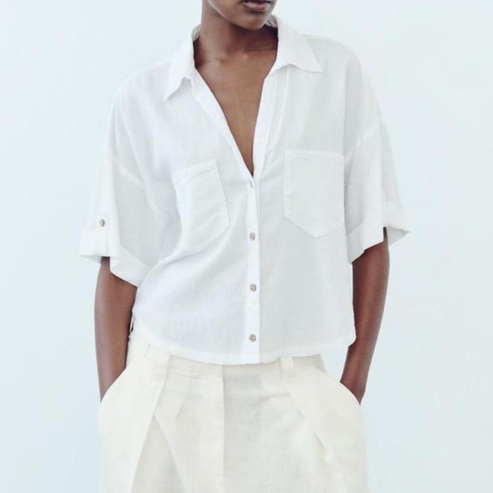 NWT Zara White Linen Blend Button Down Crop Shirt - Size L